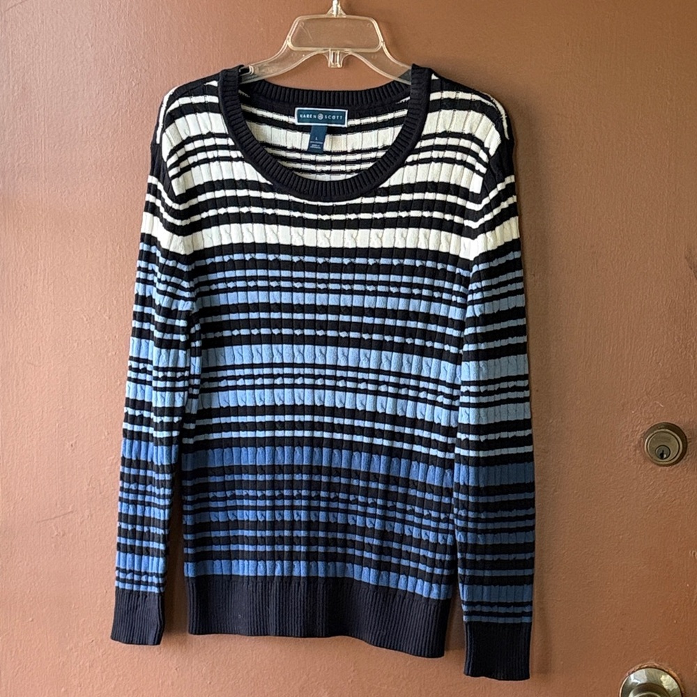 Karen Scott Navy and Cream Striped Crew Neck Sweater